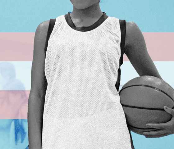 Image of an athlete with a trans flag behind them 